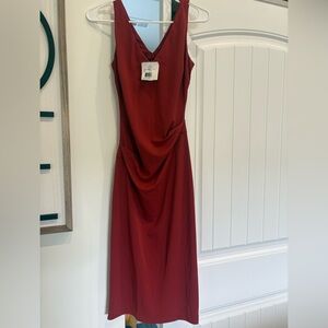 Sleeveless Red V-Neck Draped Midi Dress Nicole Miller